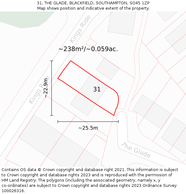 31, THE GLADE, BLACKFIELD, SOUTHAMPTON, SO45 1ZP: Plot and title map