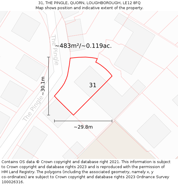 31, THE PINGLE, QUORN, LOUGHBOROUGH, LE12 8FQ: Plot and title map