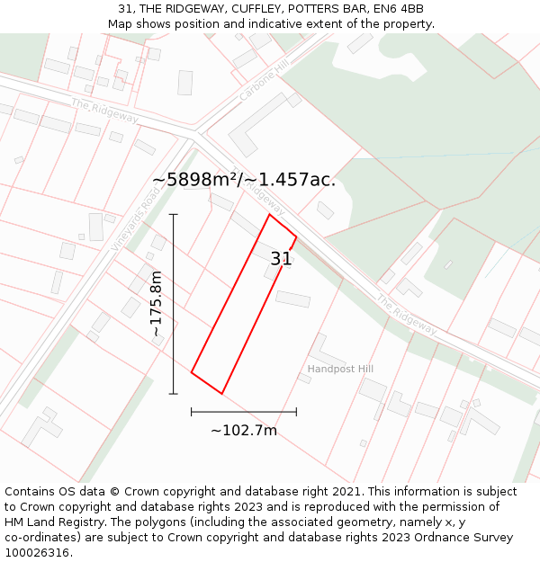 31, THE RIDGEWAY, CUFFLEY, POTTERS BAR, EN6 4BB: Plot and title map