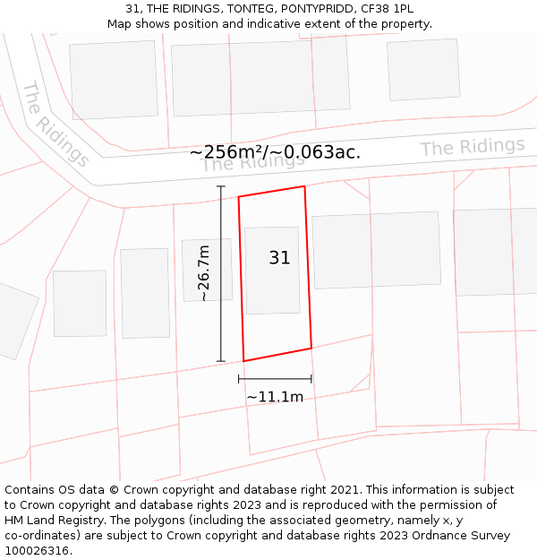 31, THE RIDINGS, TONTEG, PONTYPRIDD, CF38 1PL: Plot and title map