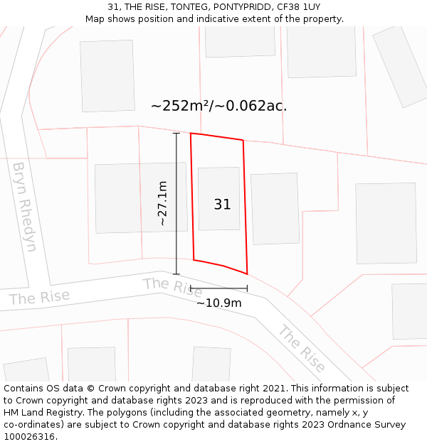 31, THE RISE, TONTEG, PONTYPRIDD, CF38 1UY: Plot and title map