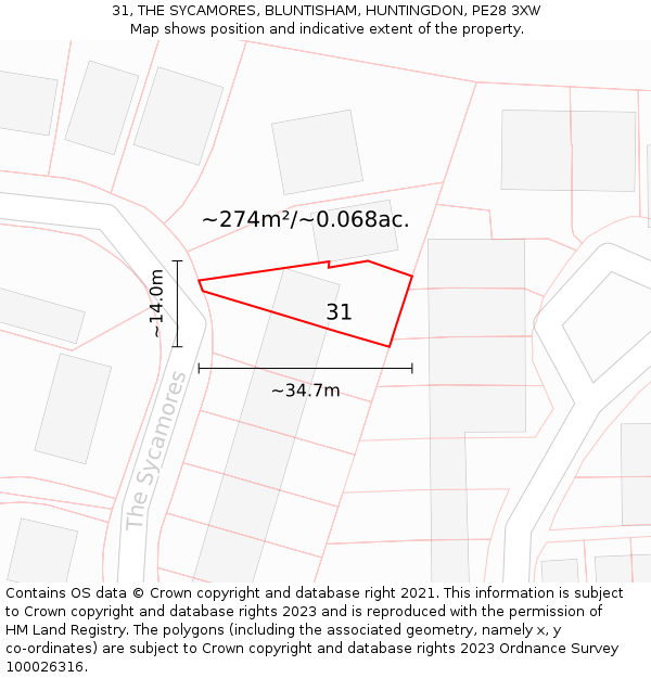 31, THE SYCAMORES, BLUNTISHAM, HUNTINGDON, PE28 3XW: Plot and title map