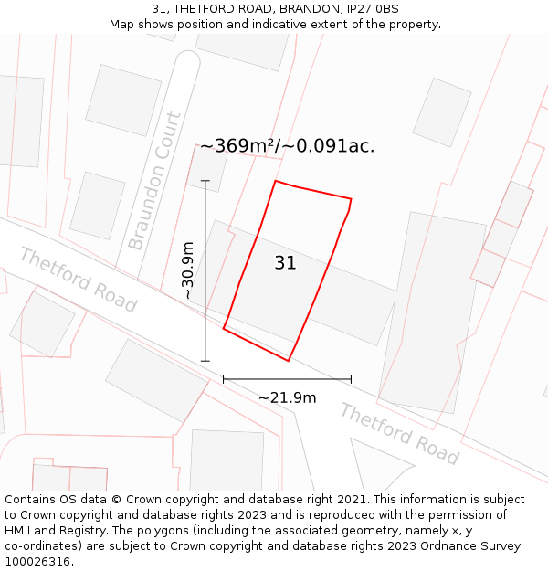 31, THETFORD ROAD, BRANDON, IP27 0BS: Plot and title map