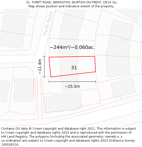 31, THRIFT ROAD, BRANSTON, BURTON-ON-TRENT, DE14 3LJ: Plot and title map