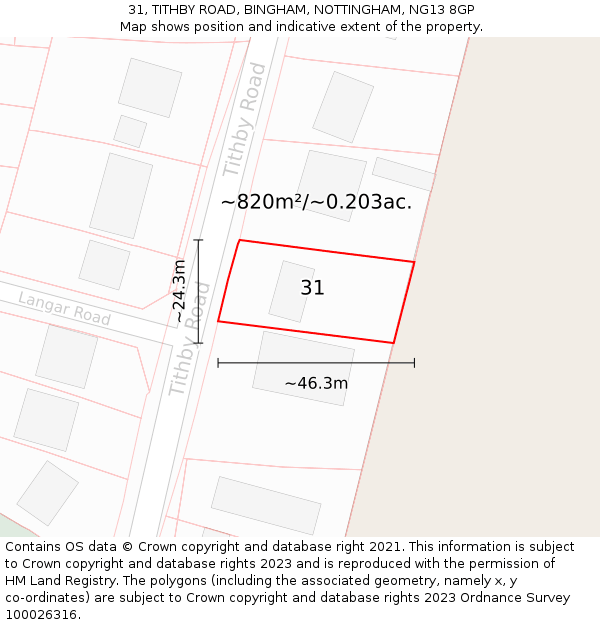 31, TITHBY ROAD, BINGHAM, NOTTINGHAM, NG13 8GP: Plot and title map