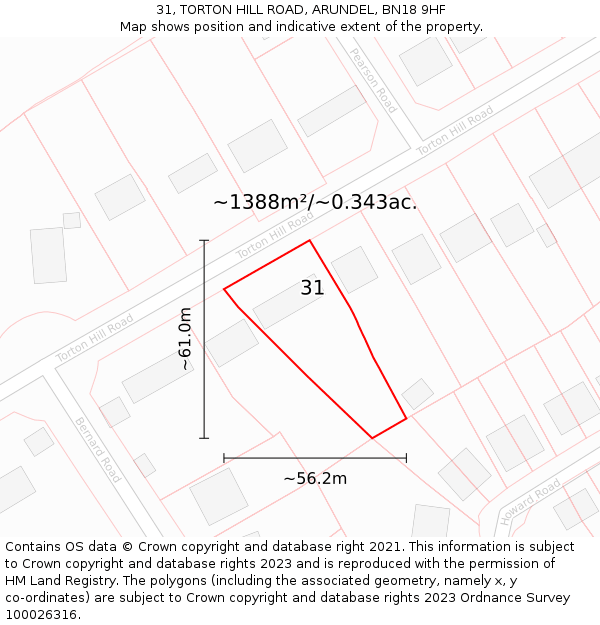 31, TORTON HILL ROAD, ARUNDEL, BN18 9HF: Plot and title map