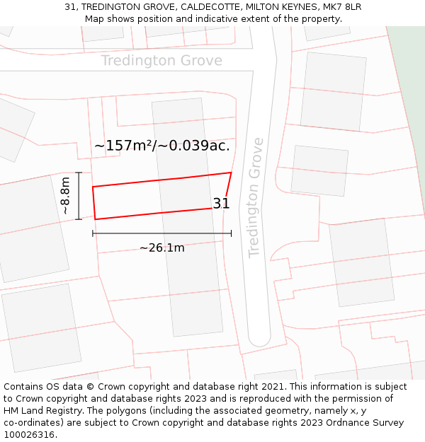 31, TREDINGTON GROVE, CALDECOTTE, MILTON KEYNES, MK7 8LR: Plot and title map