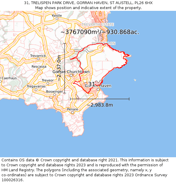 31, TRELISPEN PARK DRIVE, GORRAN HAVEN, ST AUSTELL, PL26 6HX: Plot and title map