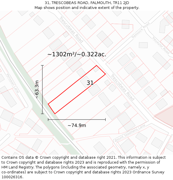 31, TRESCOBEAS ROAD, FALMOUTH, TR11 2JD: Plot and title map