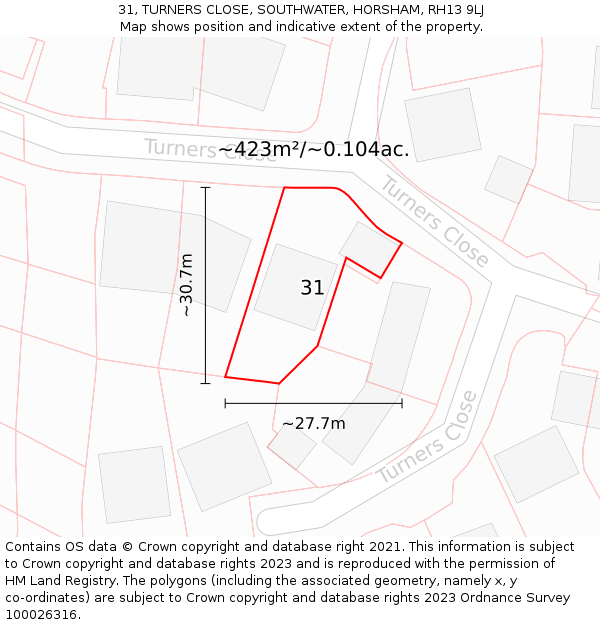 31, TURNERS CLOSE, SOUTHWATER, HORSHAM, RH13 9LJ: Plot and title map