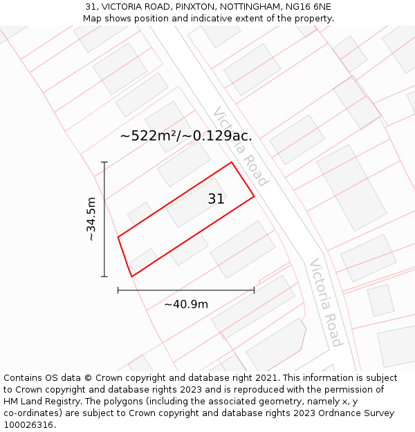 31, VICTORIA ROAD, PINXTON, NOTTINGHAM, NG16 6NE: Plot and title map