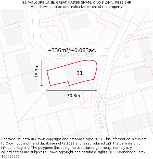 31, WALCUPS LANE, GREAT MASSINGHAM, KING'S LYNN, PE32 2HR: Plot and title map