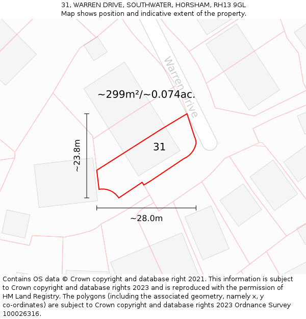 31, WARREN DRIVE, SOUTHWATER, HORSHAM, RH13 9GL: Plot and title map