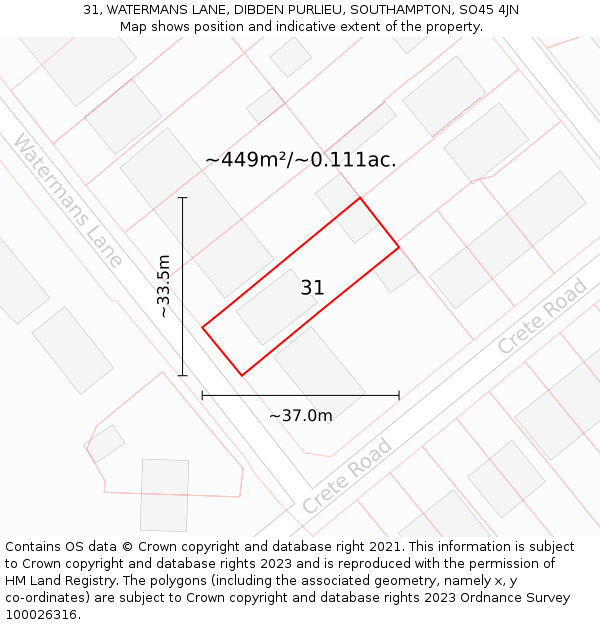 31, WATERMANS LANE, DIBDEN PURLIEU, SOUTHAMPTON, SO45 4JN: Plot and title map