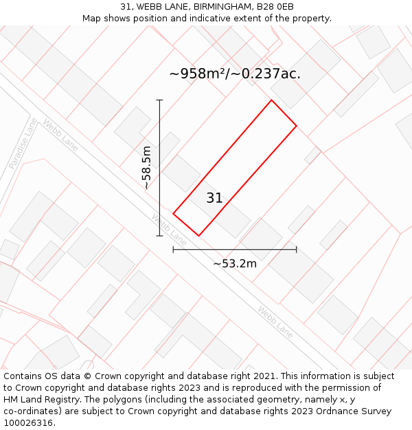 31, WEBB LANE, BIRMINGHAM, B28 0EB: Plot and title map