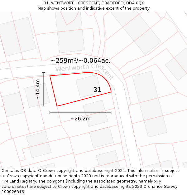 31, WENTWORTH CRESCENT, BRADFORD, BD4 0QX: Plot and title map