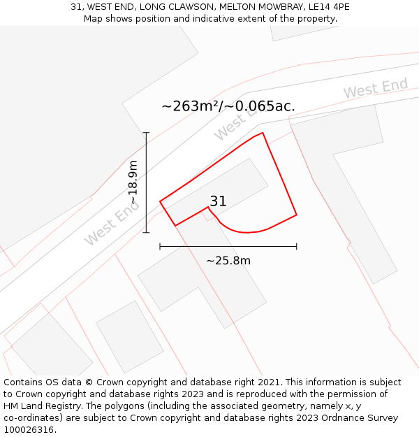 31, WEST END, LONG CLAWSON, MELTON MOWBRAY, LE14 4PE: Plot and title map