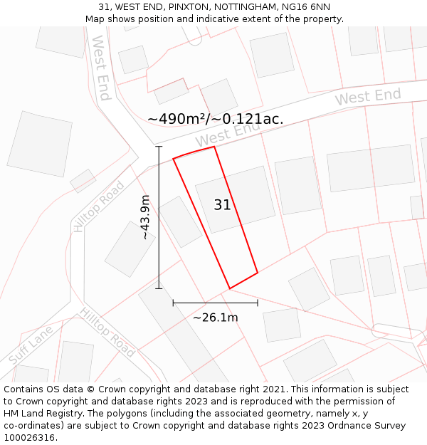 31, WEST END, PINXTON, NOTTINGHAM, NG16 6NN: Plot and title map