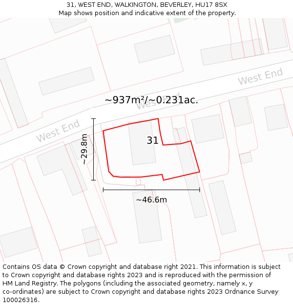 31, WEST END, WALKINGTON, BEVERLEY, HU17 8SX: Plot and title map