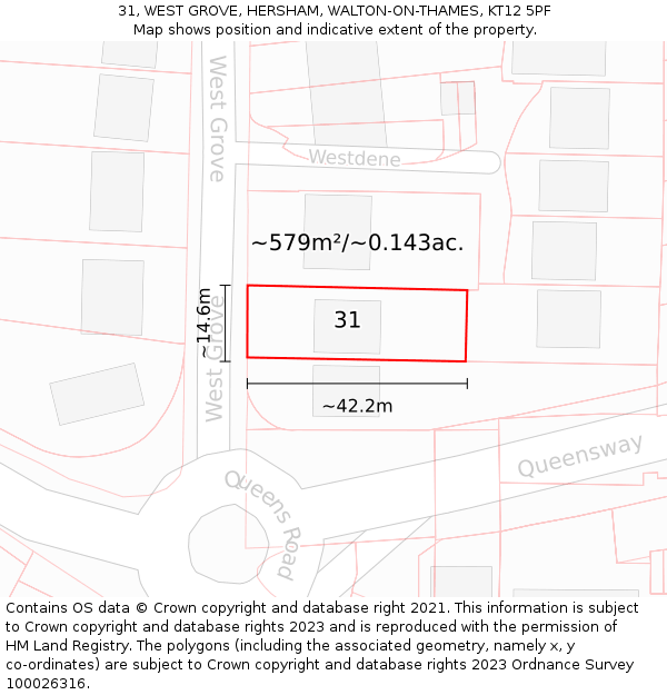 31, WEST GROVE, HERSHAM, WALTON-ON-THAMES, KT12 5PF: Plot and title map