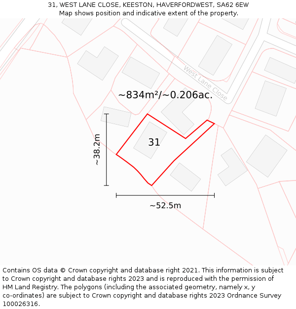 31, WEST LANE CLOSE, KEESTON, HAVERFORDWEST, SA62 6EW: Plot and title map