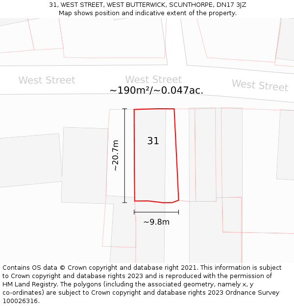 31, WEST STREET, WEST BUTTERWICK, SCUNTHORPE, DN17 3JZ: Plot and title map