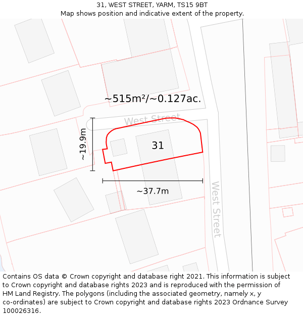 31, WEST STREET, YARM, TS15 9BT: Plot and title map