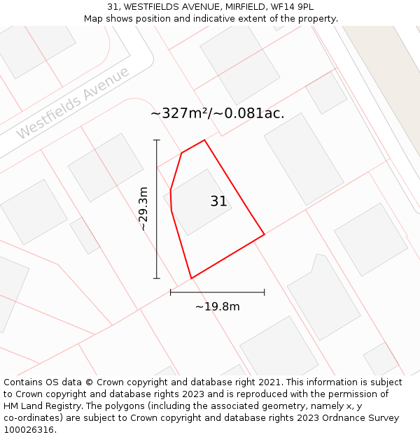 31, WESTFIELDS AVENUE, MIRFIELD, WF14 9PL: Plot and title map