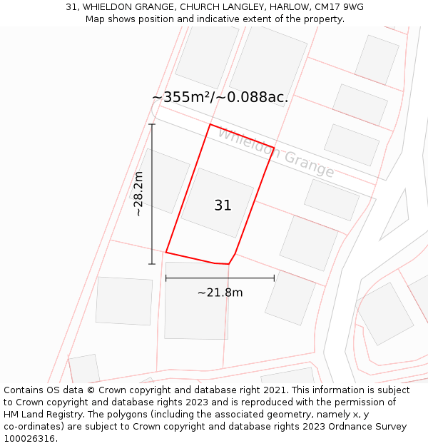 31, WHIELDON GRANGE, CHURCH LANGLEY, HARLOW, CM17 9WG: Plot and title map