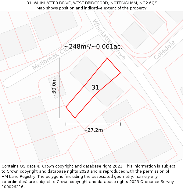 31, WHINLATTER DRIVE, WEST BRIDGFORD, NOTTINGHAM, NG2 6QS: Plot and title map