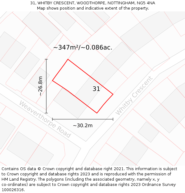 31, WHITBY CRESCENT, WOODTHORPE, NOTTINGHAM, NG5 4NA: Plot and title map