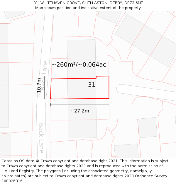 31, WHITEHAVEN GROVE, CHELLASTON, DERBY, DE73 6NE: Plot and title map