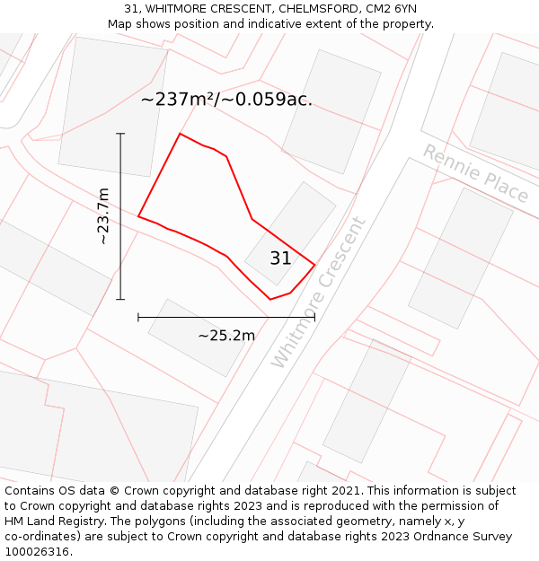 31, WHITMORE CRESCENT, CHELMSFORD, CM2 6YN: Plot and title map