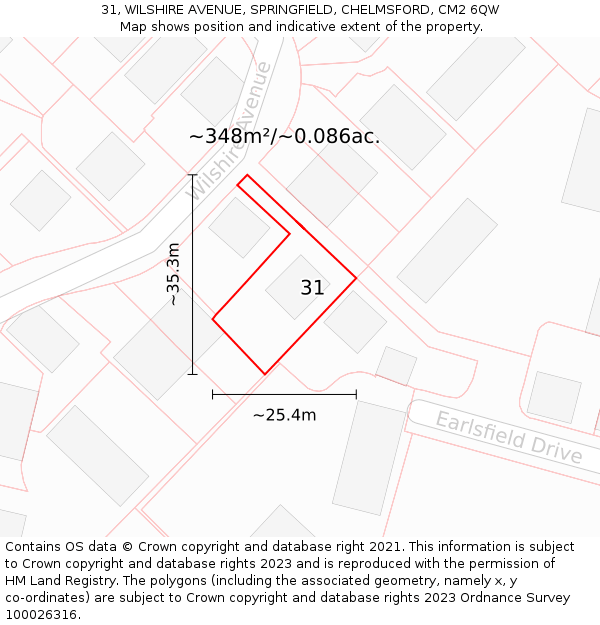 31, WILSHIRE AVENUE, SPRINGFIELD, CHELMSFORD, CM2 6QW: Plot and title map