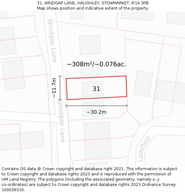 31, WINDGAP LANE, HAUGHLEY, STOWMARKET, IP14 3PB: Plot and title map