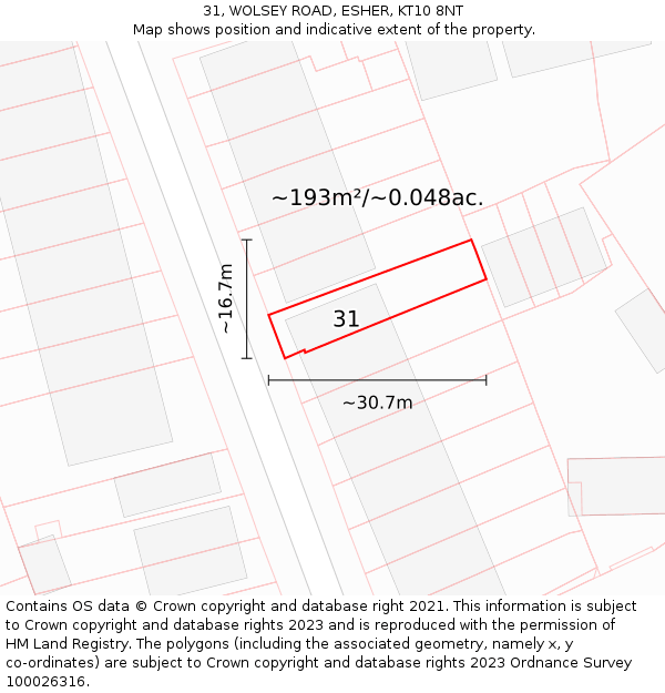 31, WOLSEY ROAD, ESHER, KT10 8NT: Plot and title map