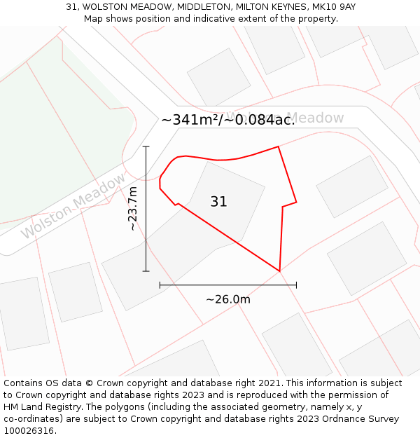 31, WOLSTON MEADOW, MIDDLETON, MILTON KEYNES, MK10 9AY: Plot and title map