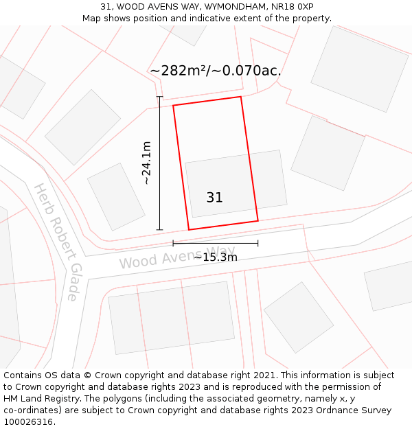 31, WOOD AVENS WAY, WYMONDHAM, NR18 0XP: Plot and title map