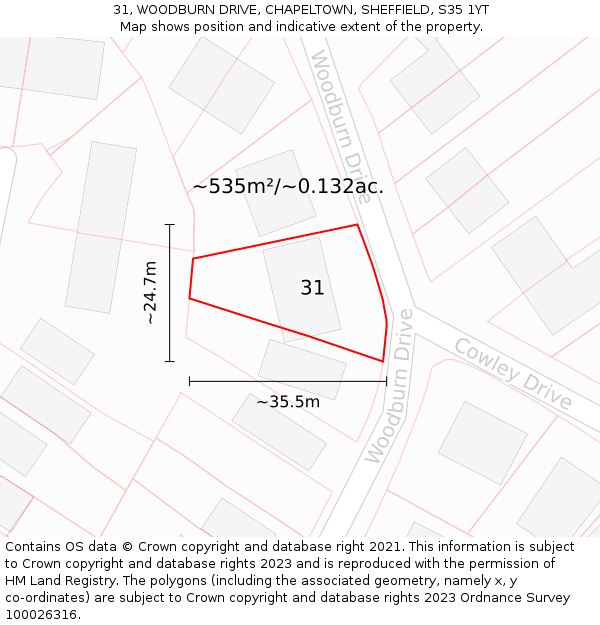 31, WOODBURN DRIVE, CHAPELTOWN, SHEFFIELD, S35 1YT: Plot and title map