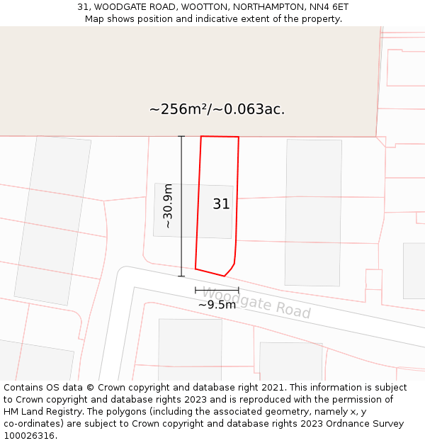 31, WOODGATE ROAD, WOOTTON, NORTHAMPTON, NN4 6ET: Plot and title map