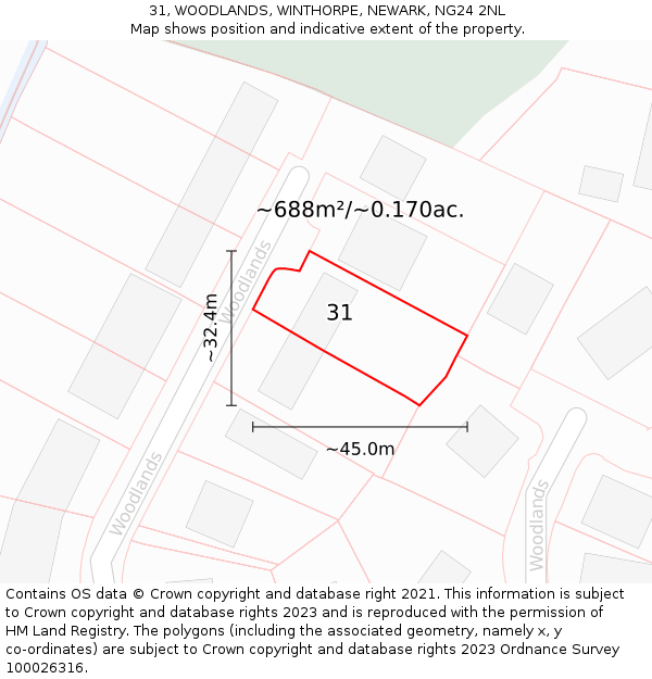 31, WOODLANDS, WINTHORPE, NEWARK, NG24 2NL: Plot and title map