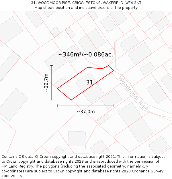 31, WOODMOOR RISE, CRIGGLESTONE, WAKEFIELD, WF4 3NT: Plot and title map