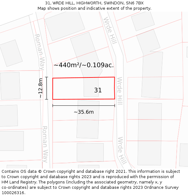 31, WRDE HILL, HIGHWORTH, SWINDON, SN6 7BX: Plot and title map