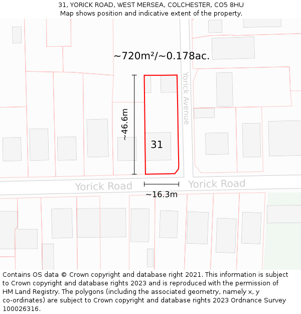 31, YORICK ROAD, WEST MERSEA, COLCHESTER, CO5 8HU: Plot and title map