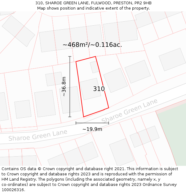 310, SHAROE GREEN LANE, FULWOOD, PRESTON, PR2 9HB: Plot and title map