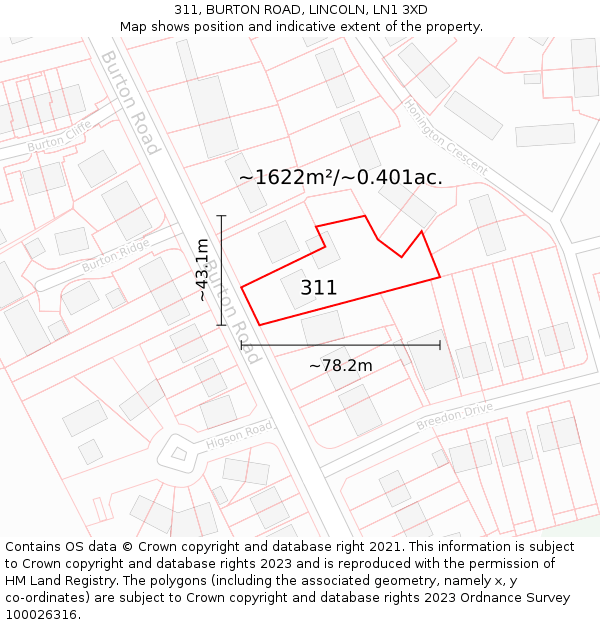 311, BURTON ROAD, LINCOLN, LN1 3XD: Plot and title map