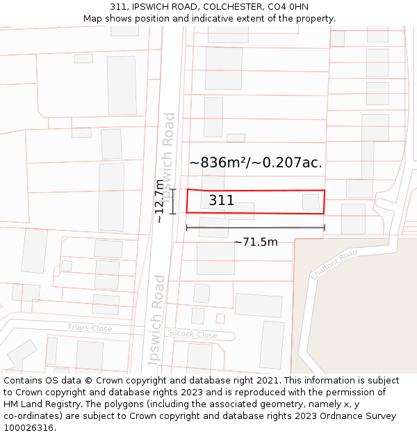 311, IPSWICH ROAD, COLCHESTER, CO4 0HN: Plot and title map