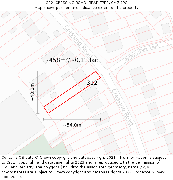 312, CRESSING ROAD, BRAINTREE, CM7 3PG: Plot and title map