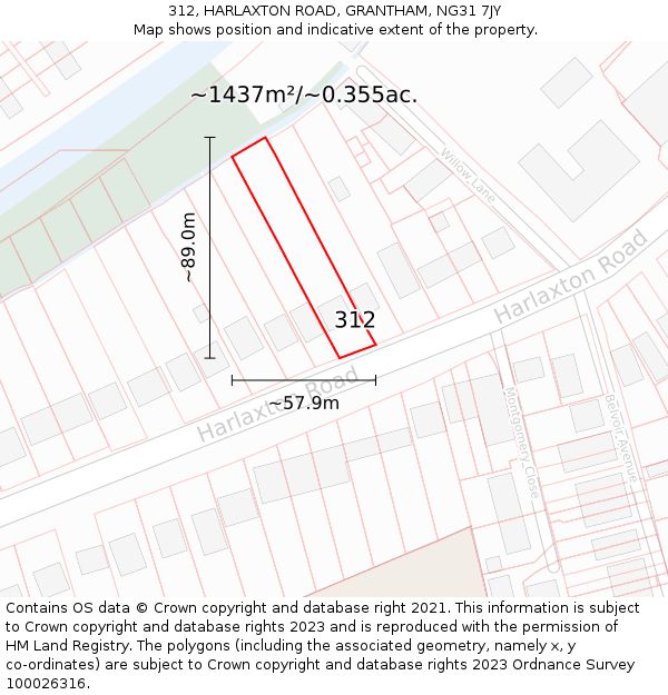 312, HARLAXTON ROAD, GRANTHAM, NG31 7JY: Plot and title map