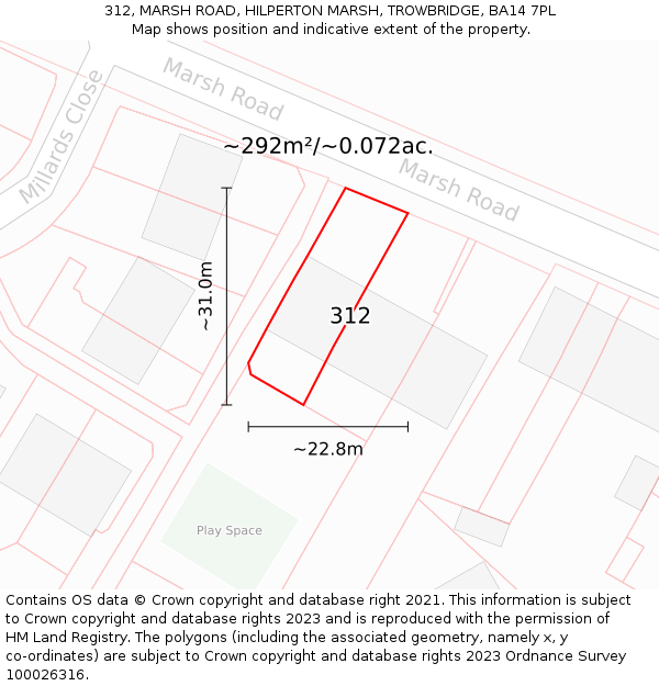 312, MARSH ROAD, HILPERTON MARSH, TROWBRIDGE, BA14 7PL: Plot and title map